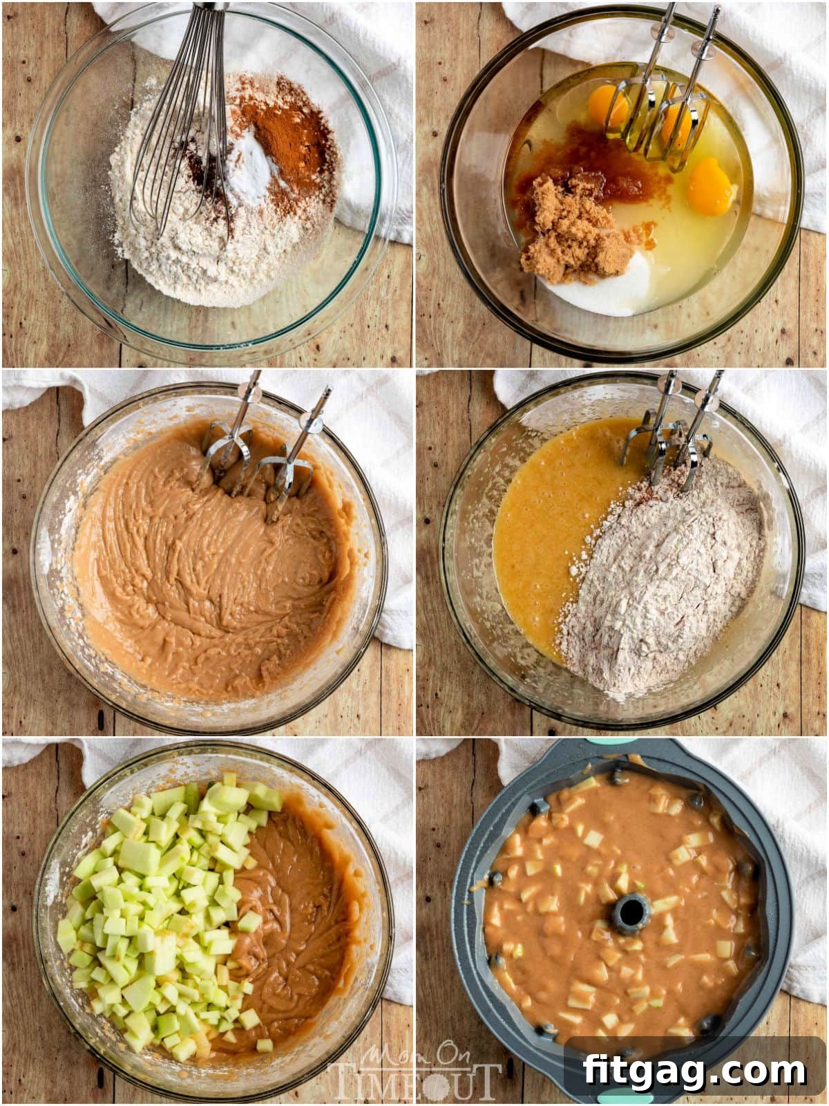 A six-image collage providing a visual step-by-step guide on how to prepare the Apple Bundt Cake batter, from mixing ingredients to pouring into the bundt pan. Each image clearly illustrates a stage of the baking process.