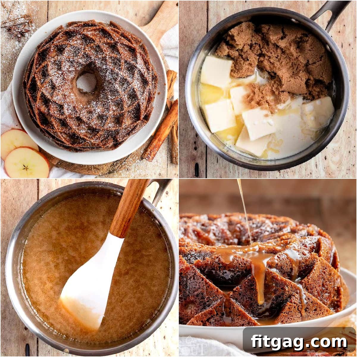 A four-image collage illustrating the simple steps to create a luscious caramel glaze for the apple bundt cake. Each photo progresses from combining ingredients to the final pourable consistency.