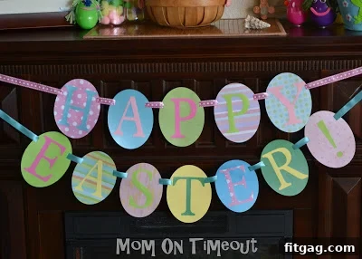 Festive Easter Egg Bunting Project 2 Various scrapbook papers and cutout oval shapes for Easter eggs, with 'Happy Easter' letters laid out. Reimagining the perfect Easter mantel decoration.