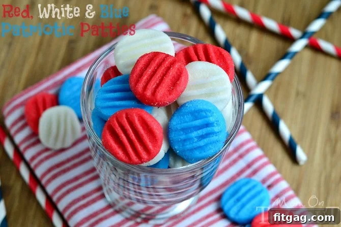 Red, White and Blue Peppermint Patties from MomOnTimeout.com - You pick the color and flavor! These patties are super easy to prepare and taste delicious! Close-up of a stack of homemade red, white, and blue lemon patties, showcasing their vibrant colors.
