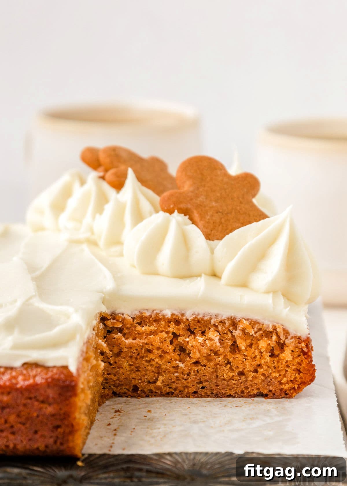A side view of gingerbread cake with a slice taken out of it. You can see the texture of the cake.