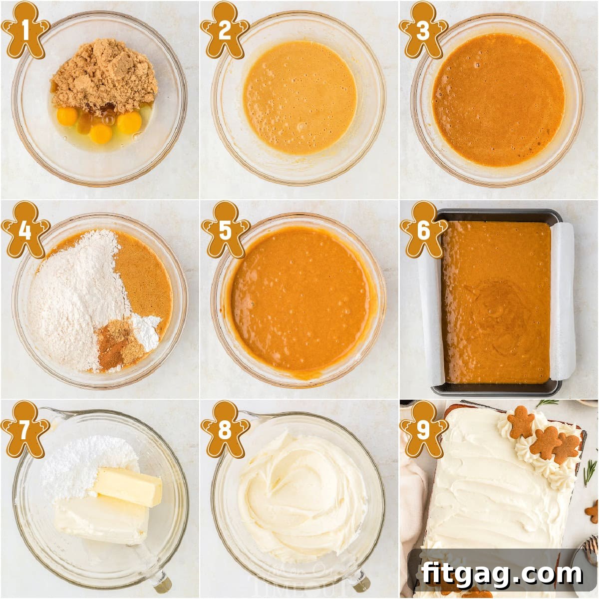 A 9 image collage that shows pictures of the steps for making gingerbread cake.