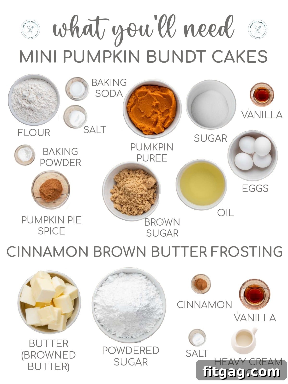 Mini pumpkin bundt cake ingredients measured out into small bowls and labeled.