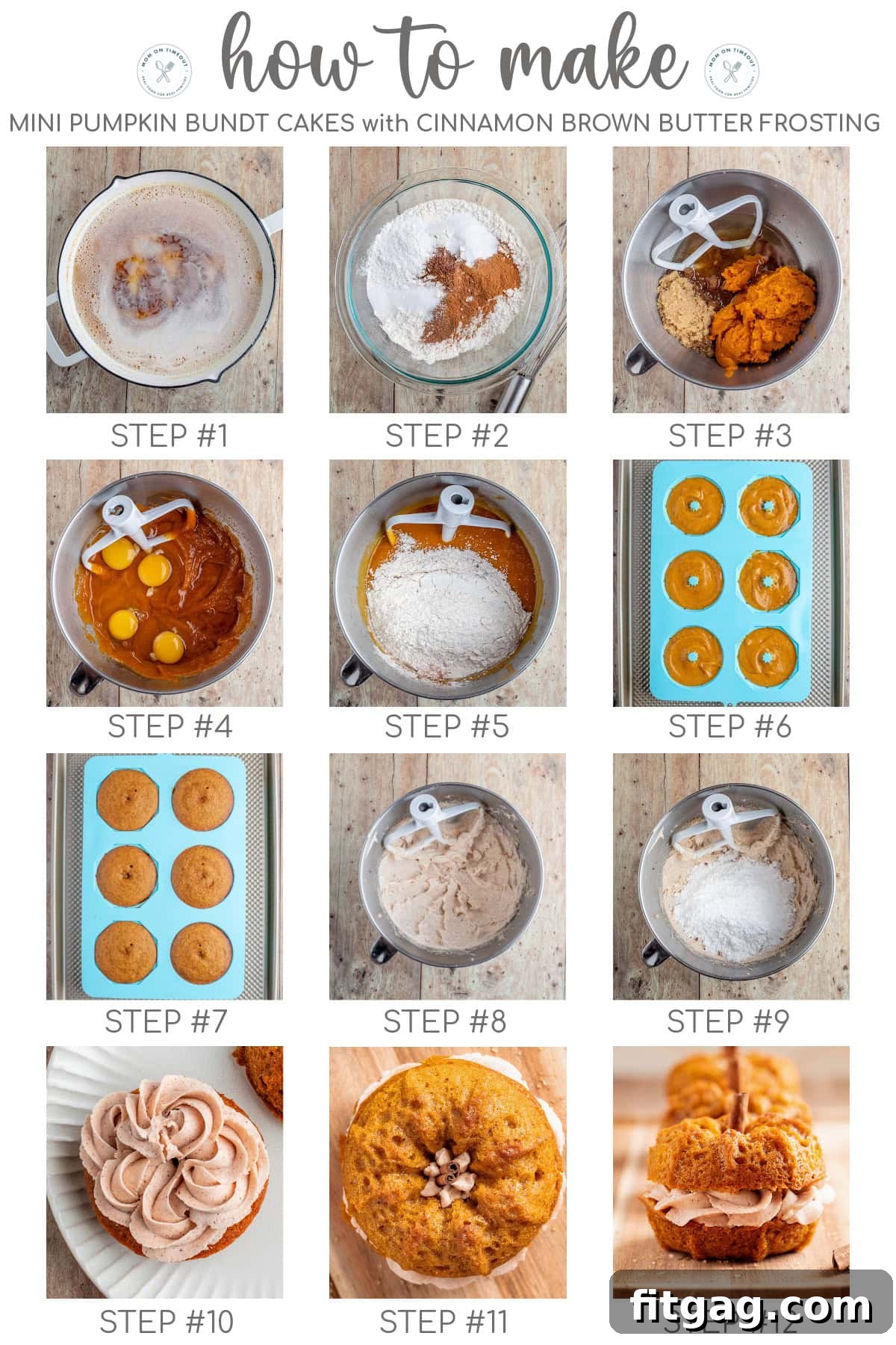 Twelve image collage of step by step process photos showing how to make mini pumpkin bundt cakes with a cinnamon brown butter frosting.
