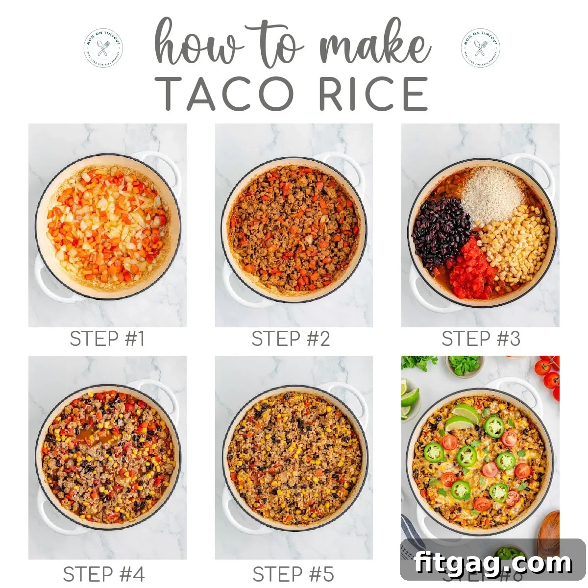Six image collage showing how to make taco rice with step by step images.