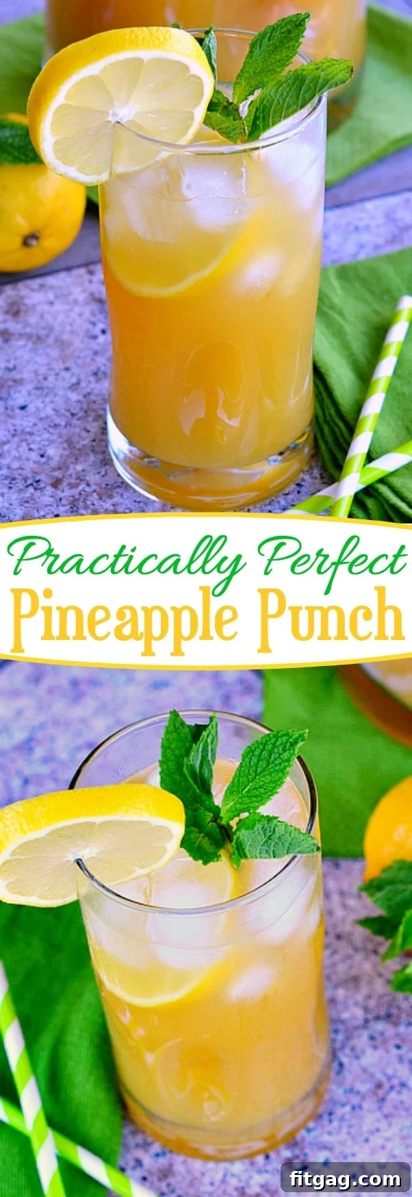 A refreshing summer drink, Practically Perfect Pineapple Punch, also adaptable as a cocktail.