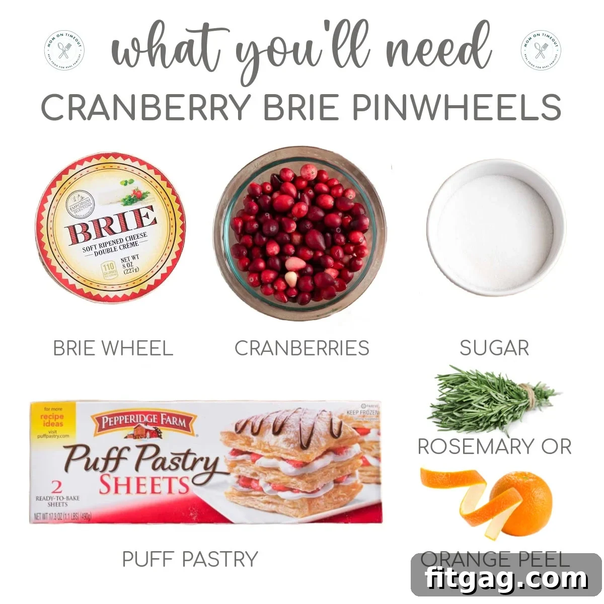 Festive Cranberry Brie Pinwheels 4 A beautifully arranged flat lay showing all the fresh ingredients needed to make Cranberry Brie Pinwheels, including fresh cranberries, a wheel of brie, puff pastry, and rosemary, with clear labels for each item.