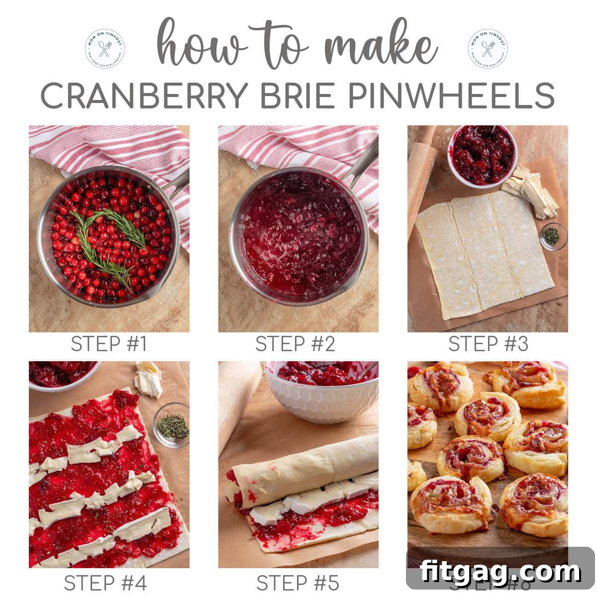 Festive Cranberry Brie Pinwheels 5 A vibrant six-image collage illustrating the step-by-step process of making Cranberry Brie Pinwheels, from rolling out puff pastry to baking, perfect for a visual guide.