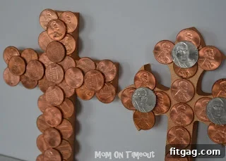 Adding nickels on top of pennies to create dimension on the Coin-Covered Cross, enhancing the Easter craft.