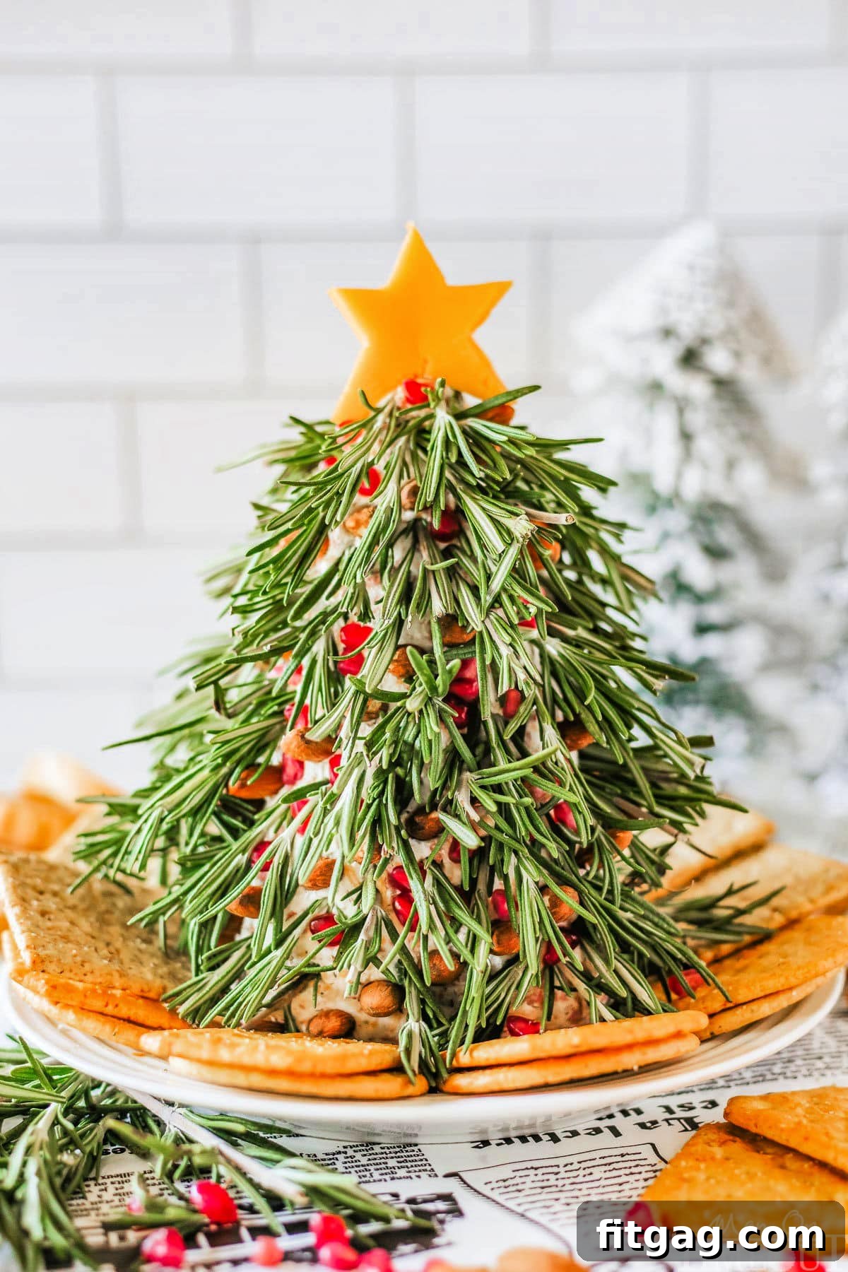 Christmas Tree Cheese Ball on a white plate with crackers surround it. Cheese ball is topped with a cheddar cheese star.