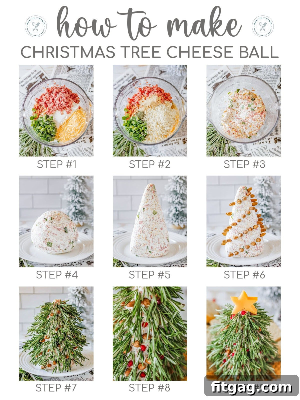 A 9 image collage that shows the steps for making christmas tree cheeseball.