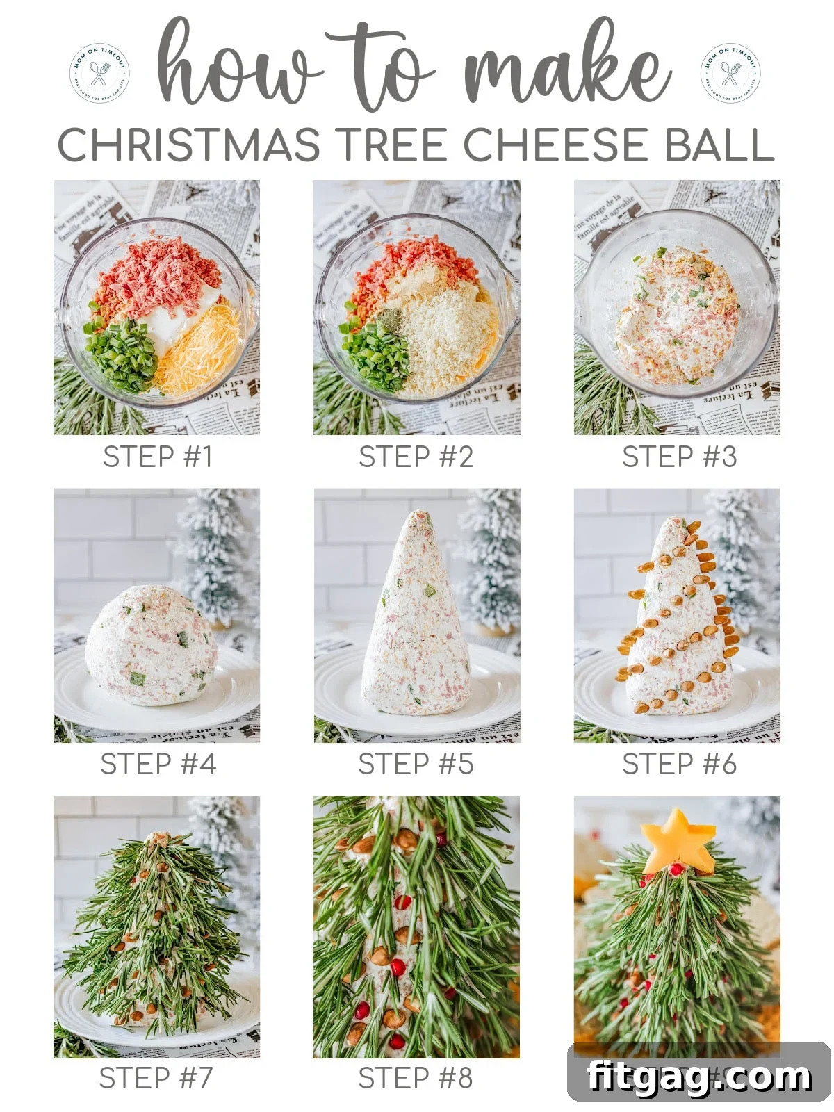 A 9 image collage that shows the steps for making christmas tree cheeseball.