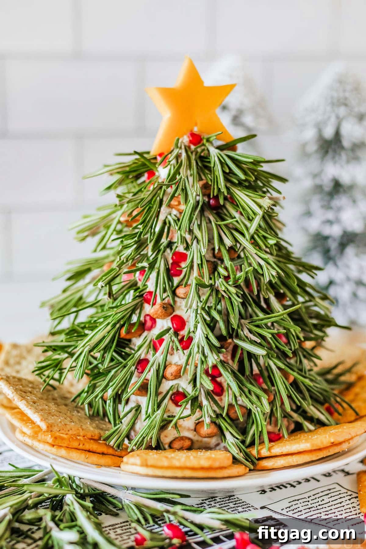 Christmas Tree Cheese Ball on a white plate with crackers surround it. Cheese ball is topped with a cheddar cheese star.