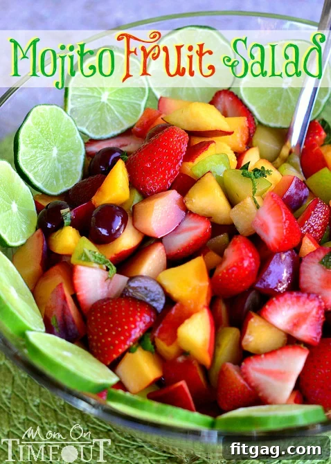 A vibrant Mojito Fruit Salad featuring an array of fresh summer fruits, garnished with mint, perfect for a refreshing treat on hot days. Optional rum for an adult twist.