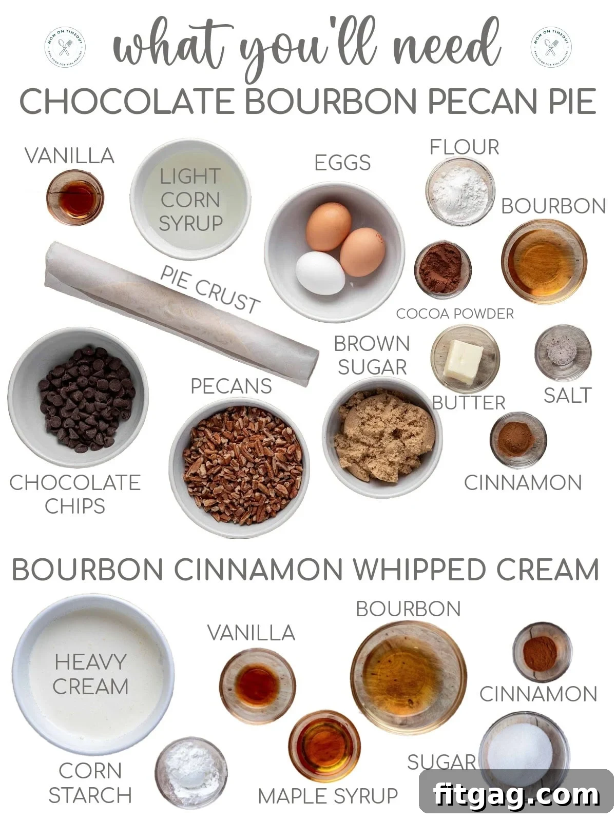 A top-down shot of all the measured ingredients for a delicious chocolate bourbon pecan pie, meticulously arranged in small bowls and ready for use in the recipe. Also shown are the ingredients for the accompanying bourbon cinnamon whipped cream.