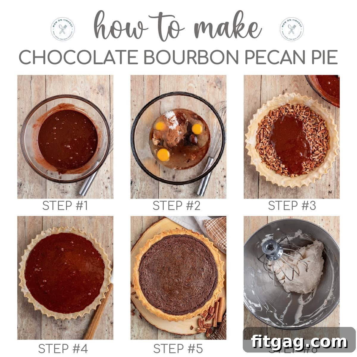 A six-image collage visually guides the step-by-step process of making a decadent chocolate bourbon pecan pie, from preparation to baking.