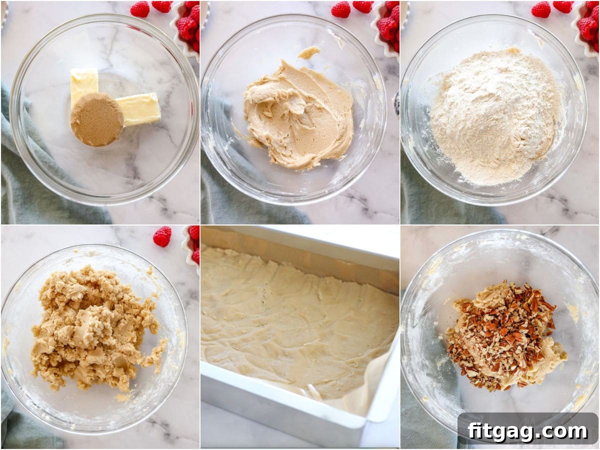 Decadent Raspberry Crumble Squares 5 Six image collage showing how to make the crust of the crumb bars.