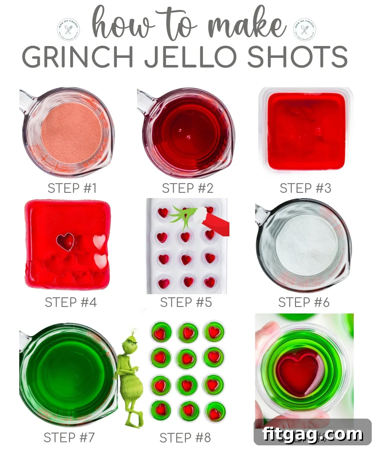 A 9 image collage that shows photos of the steps for making grinch jello shots recipe, illustrating the process from dissolving jello to cutting hearts and pouring layers.
