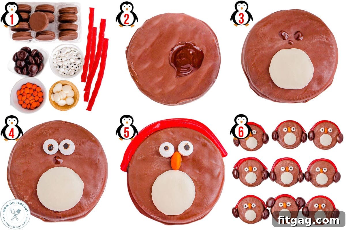 Arctic Oreo Treats 5 Six image collage showing how to make OREO Penguins step by step.