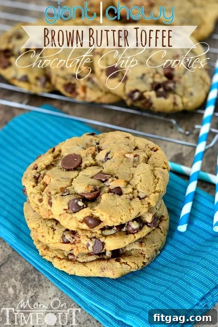 Giant, Chewy Brown Butter Toffee Chocolate Chip Cookies, an extraordinary dessert from MomOnTimeout.com