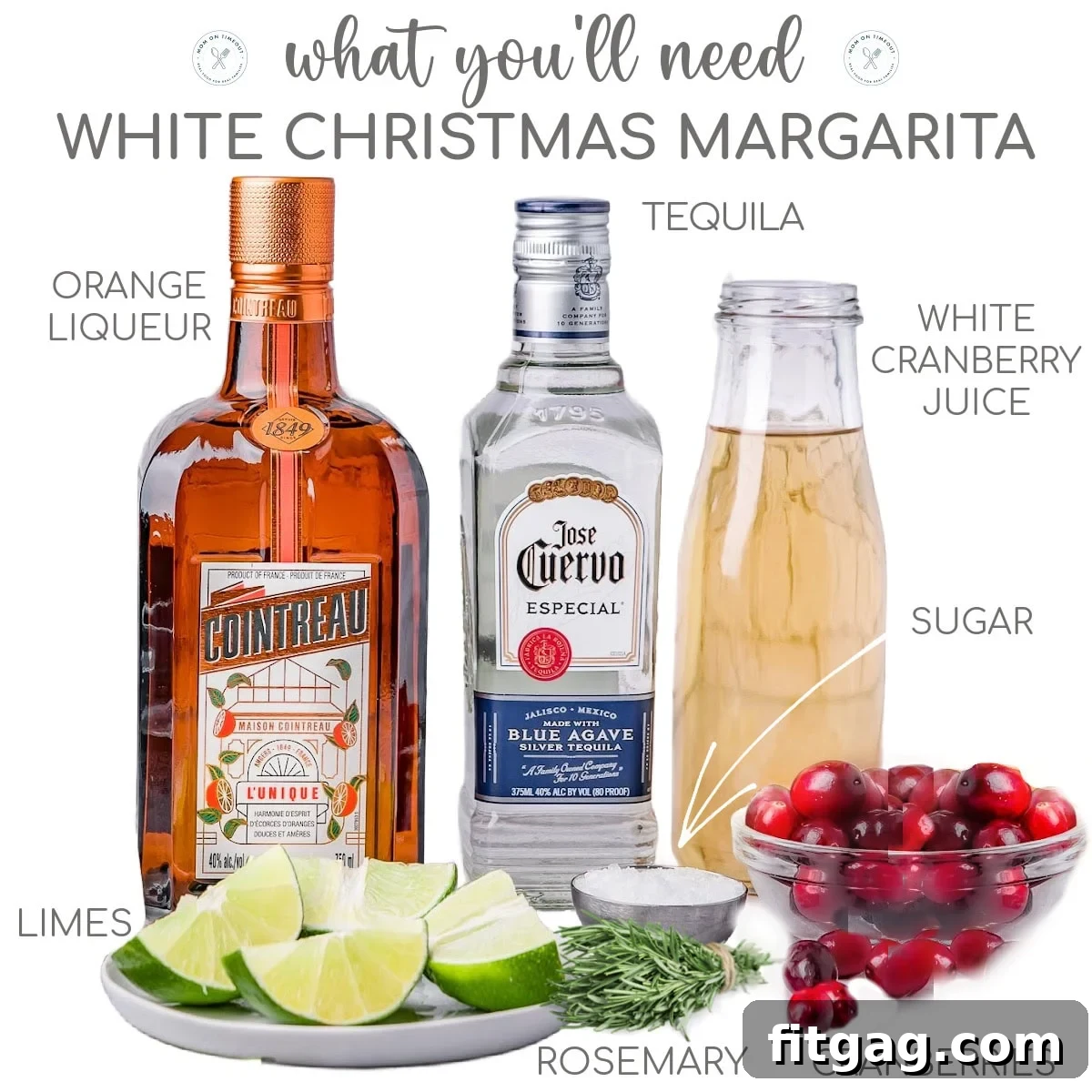 A top-down shot showcasing all the fresh and liquid ingredients meticulously arranged for making a White Christmas Margarita, highlighting their quality and readiness for mixing.