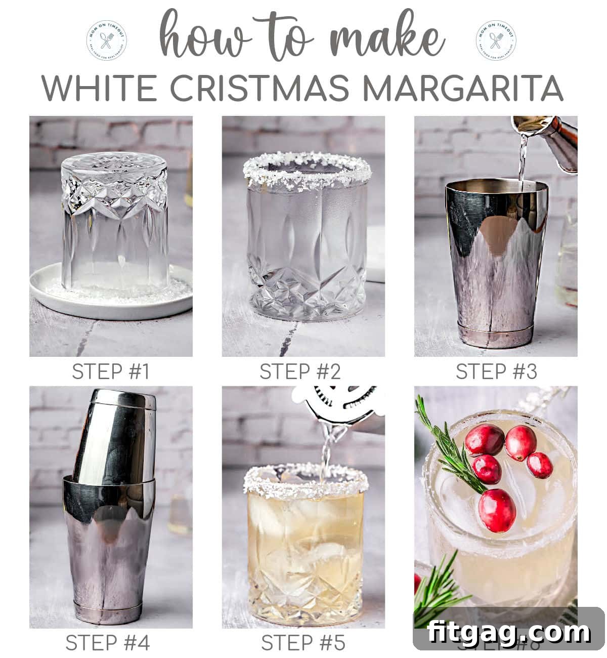 A six-image collage illustrating the complete process of making a White Christmas Margarita, from rimming the glass to the final festive garnish.