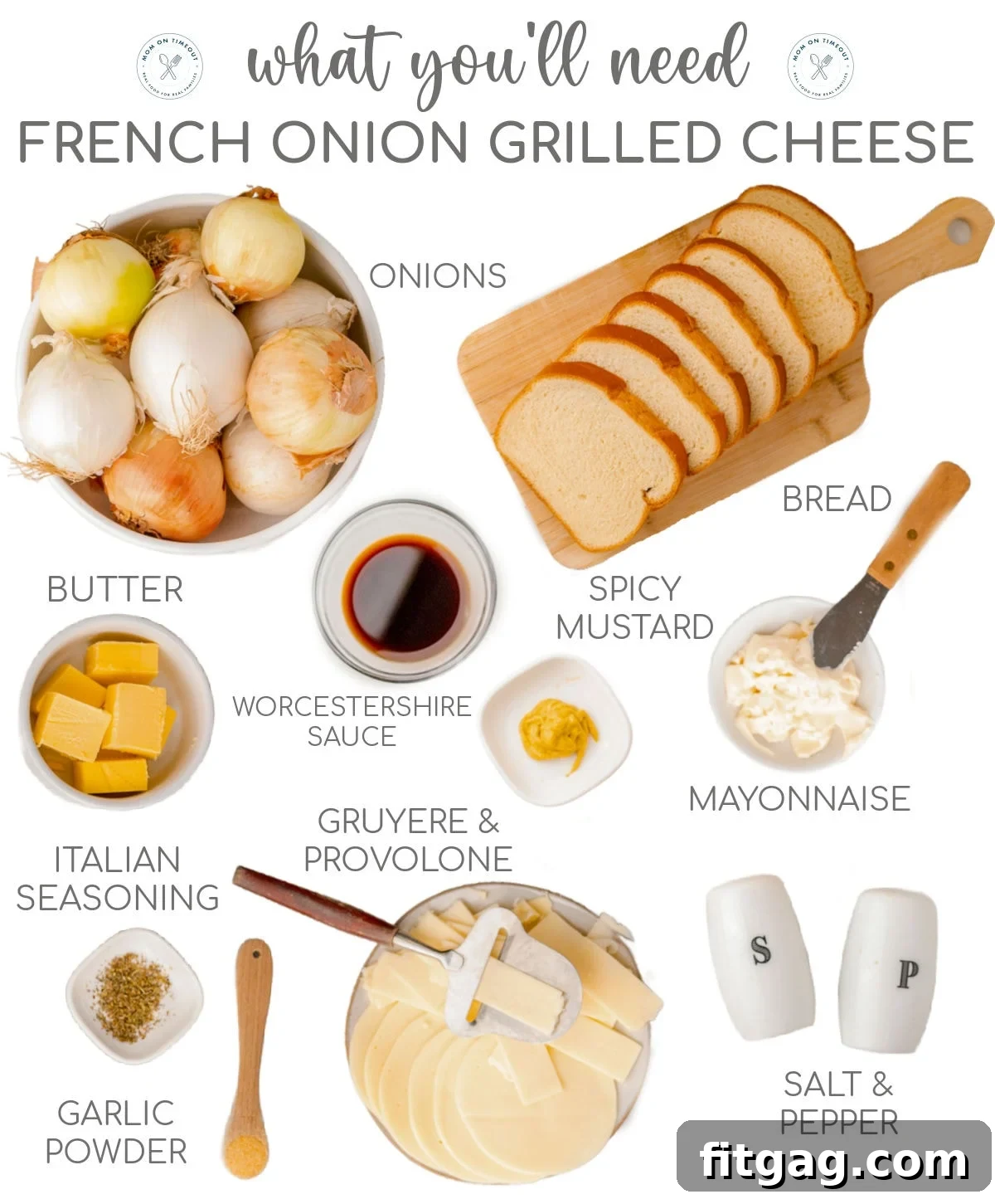 Graphic showing all of the ingredients needed for making french onion grilled cheese sandwiches. Image shows ingredients in a top down view with the ingredients measured out.