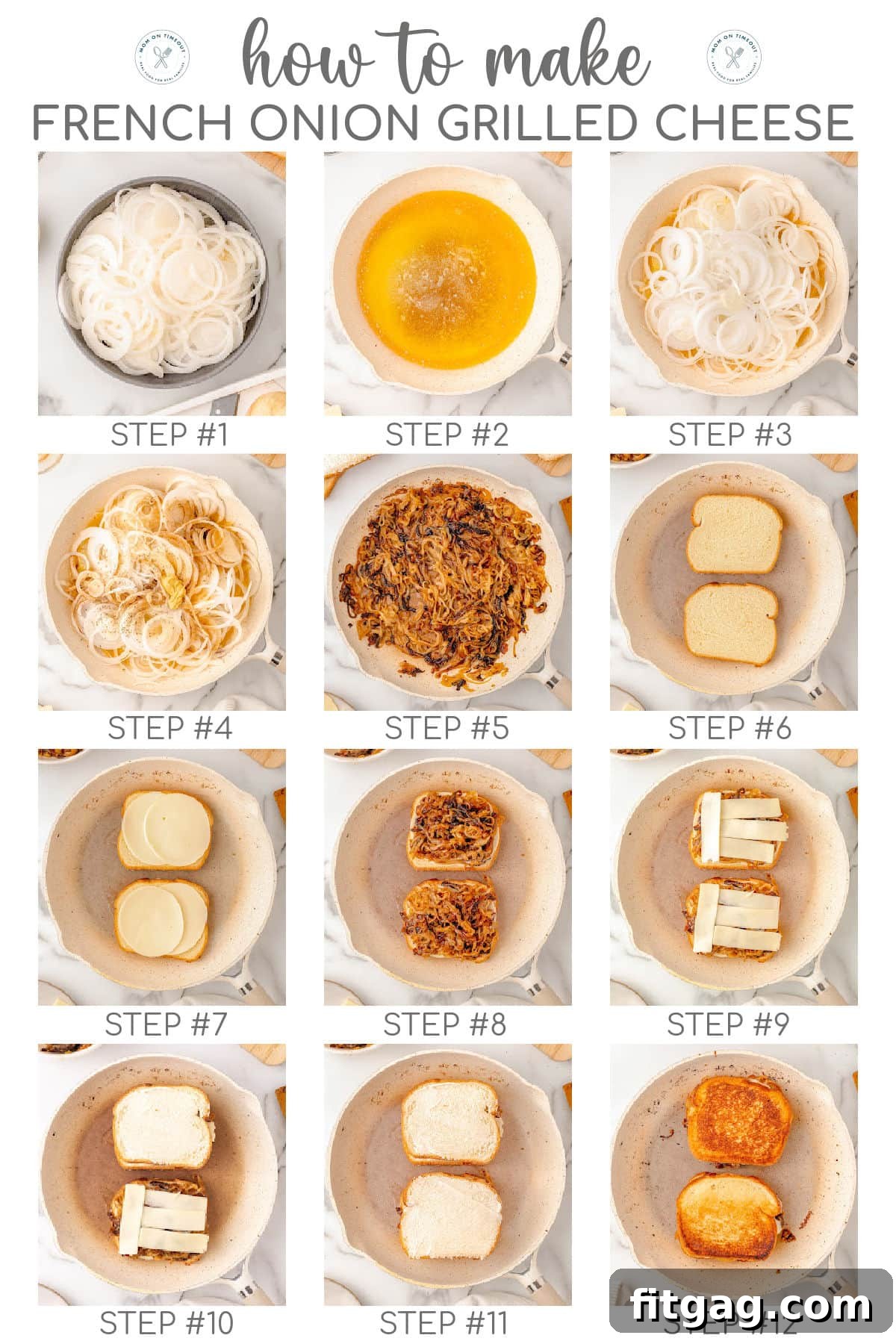 A twelve-image collage showcasing the step-by-step process of making French Onion Grilled Cheese, from slicing onions to the final golden-brown sandwich.