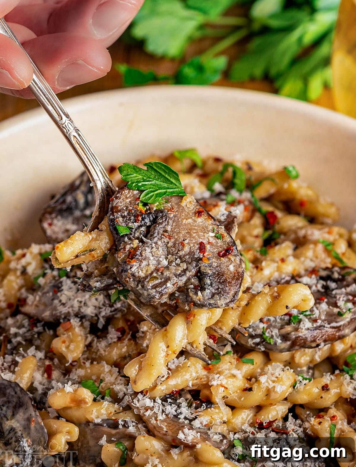 Close-up shot of pasta and mushrooms being gently scooped up with a spoon from a pristine white bowl, showcasing the rich, creamy sauce and the perfectly cooked ingredients.