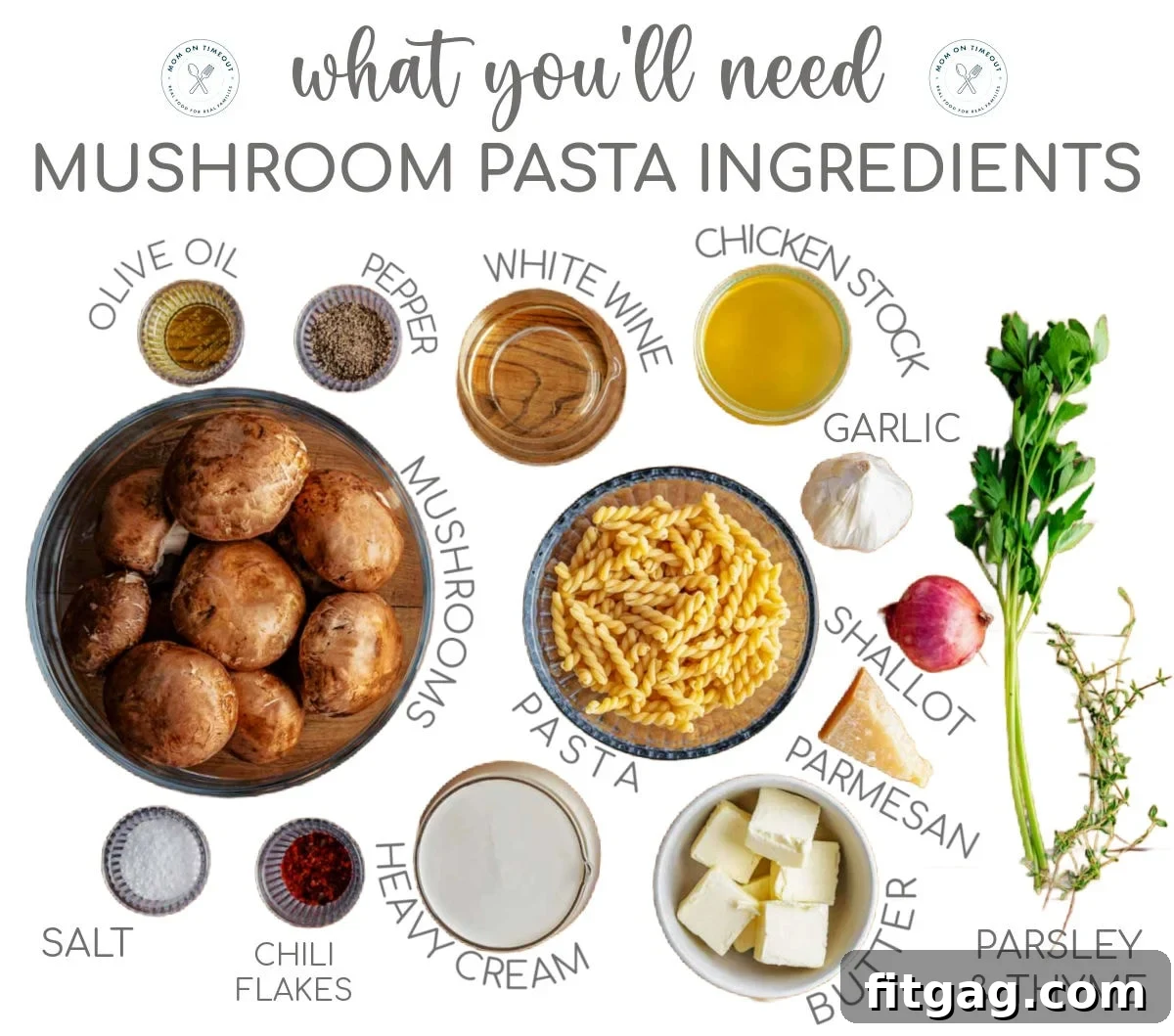 Graphic displaying all the measured ingredients for creamy mushroom pasta, meticulously arranged in small bowls on a wooden surface, poised and ready for cooking.