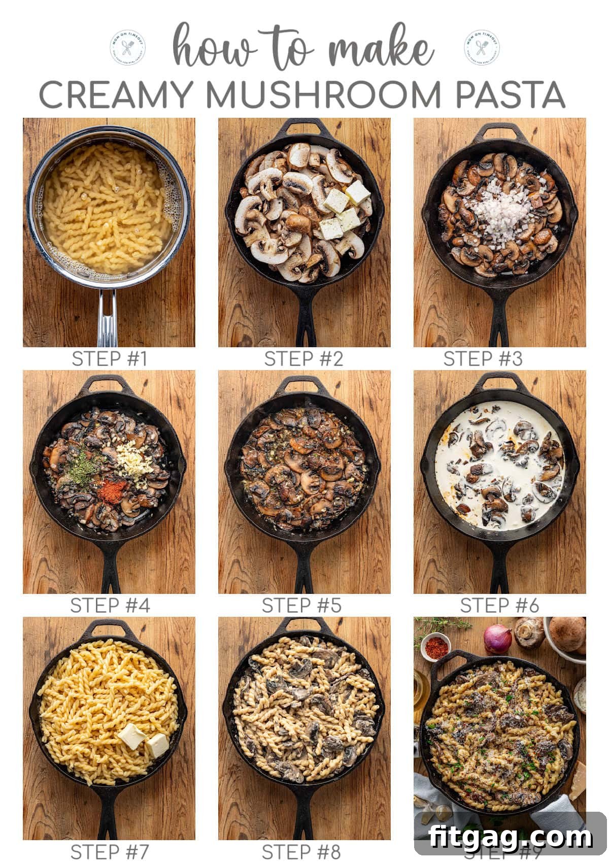 A comprehensive nine-image collage illustrating the step-by-step process of preparing the creamy mushroom pasta recipe, from initial ingredient preparation to the final plated dish, offering clear visual guidance.