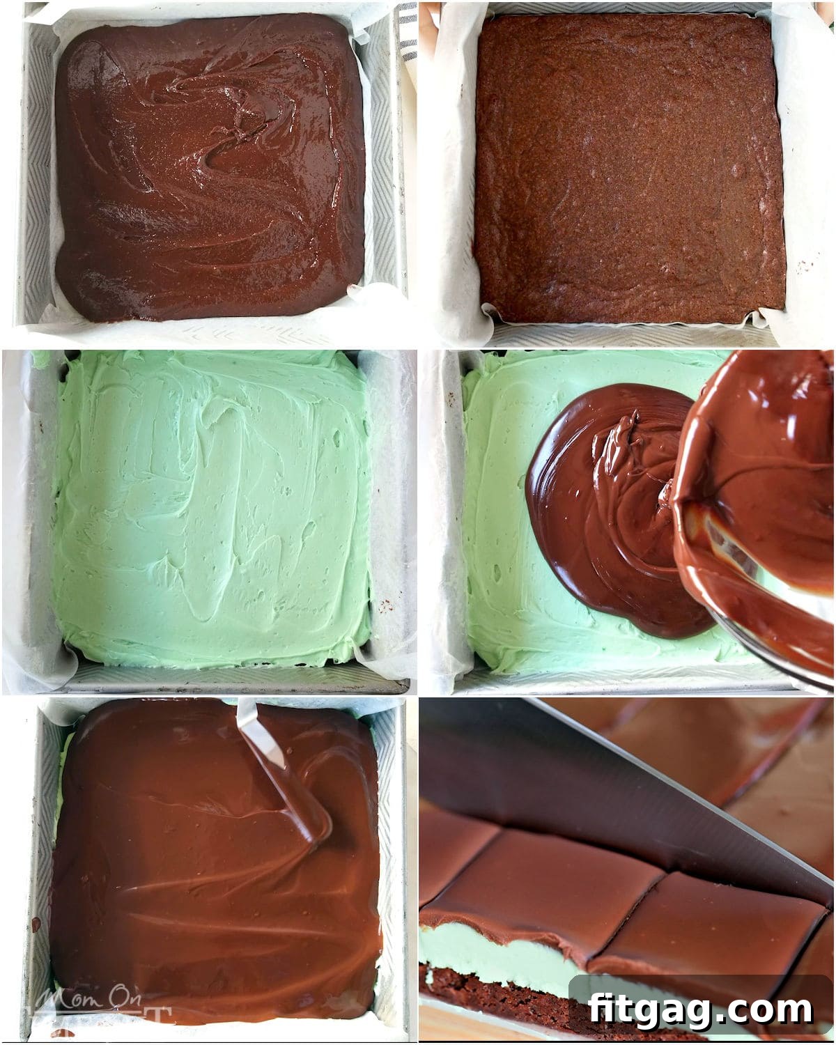 Refreshing Mint Chocolate Brownies 4 A six-image collage illustrating the key steps involved in making chocolate mint brownies, from mixing to layering and finishing.