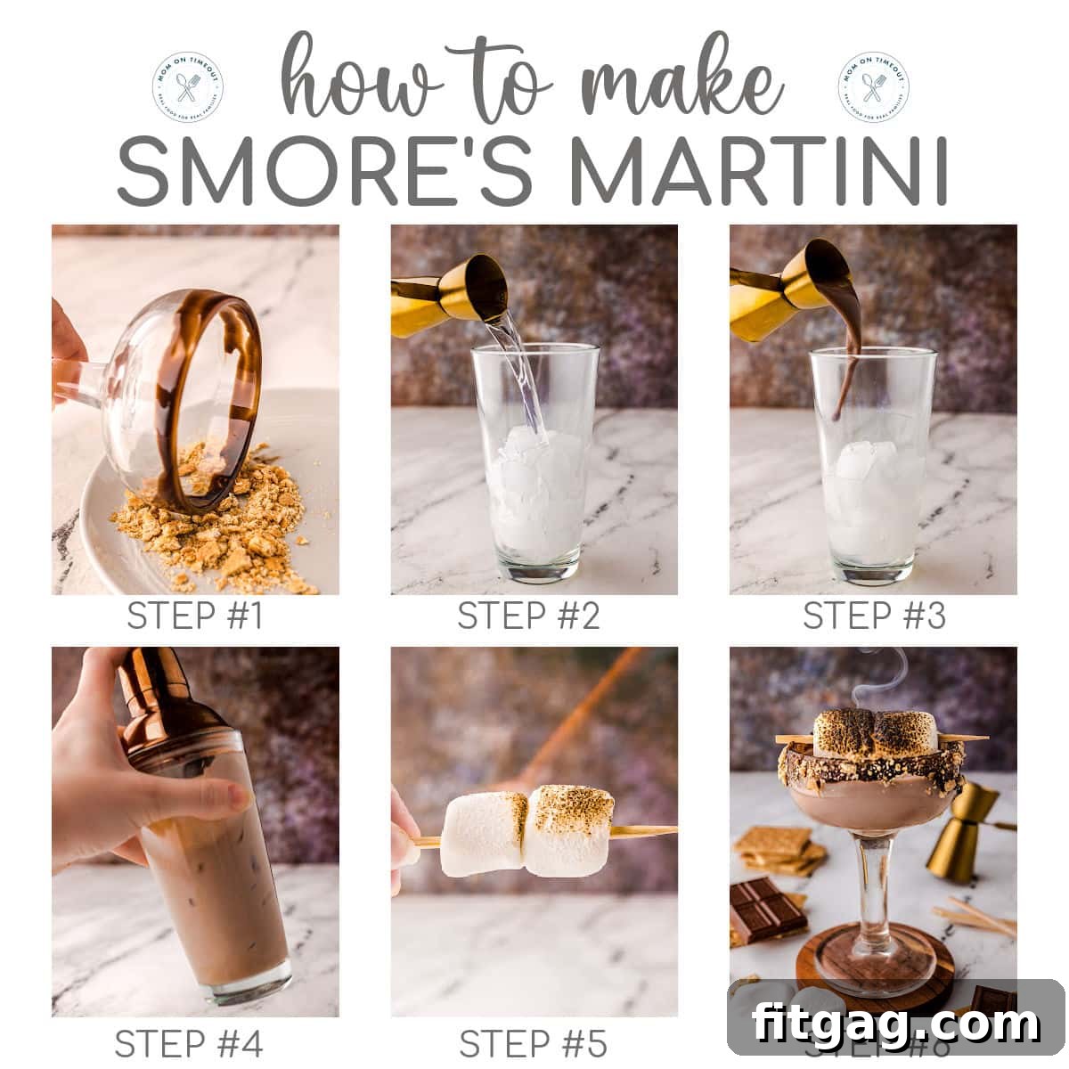 A 6 image collage that shows the steps for making the smores martini recipe.