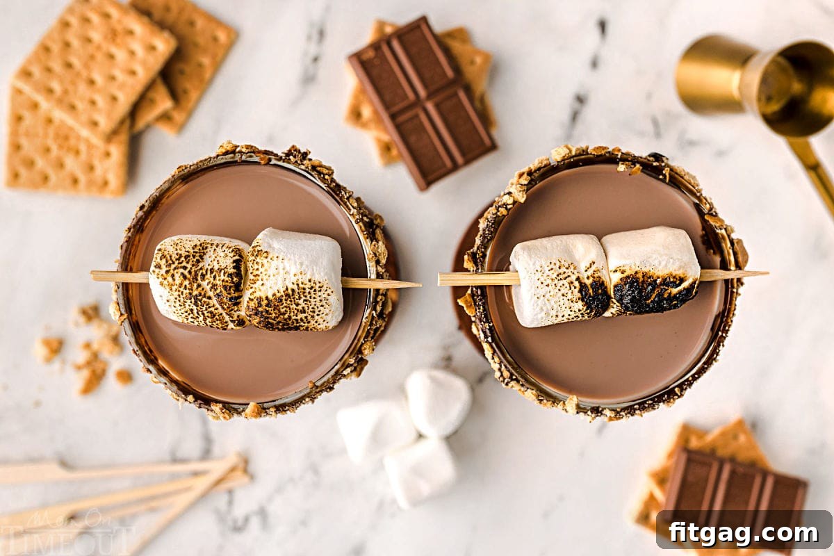 A top down view of two martini glasses with smores martini topped with toasted marshmallows. Recipe ingredients are scattered on the surface.