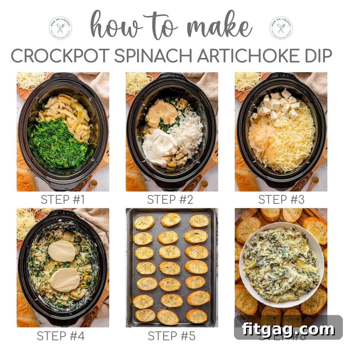 One Pot Wonder Spinach Artichoke Dip 4 A six-image collage illustrating the step-by-step process of making crockpot spinach artichoke dip, from combining ingredients to finished product.