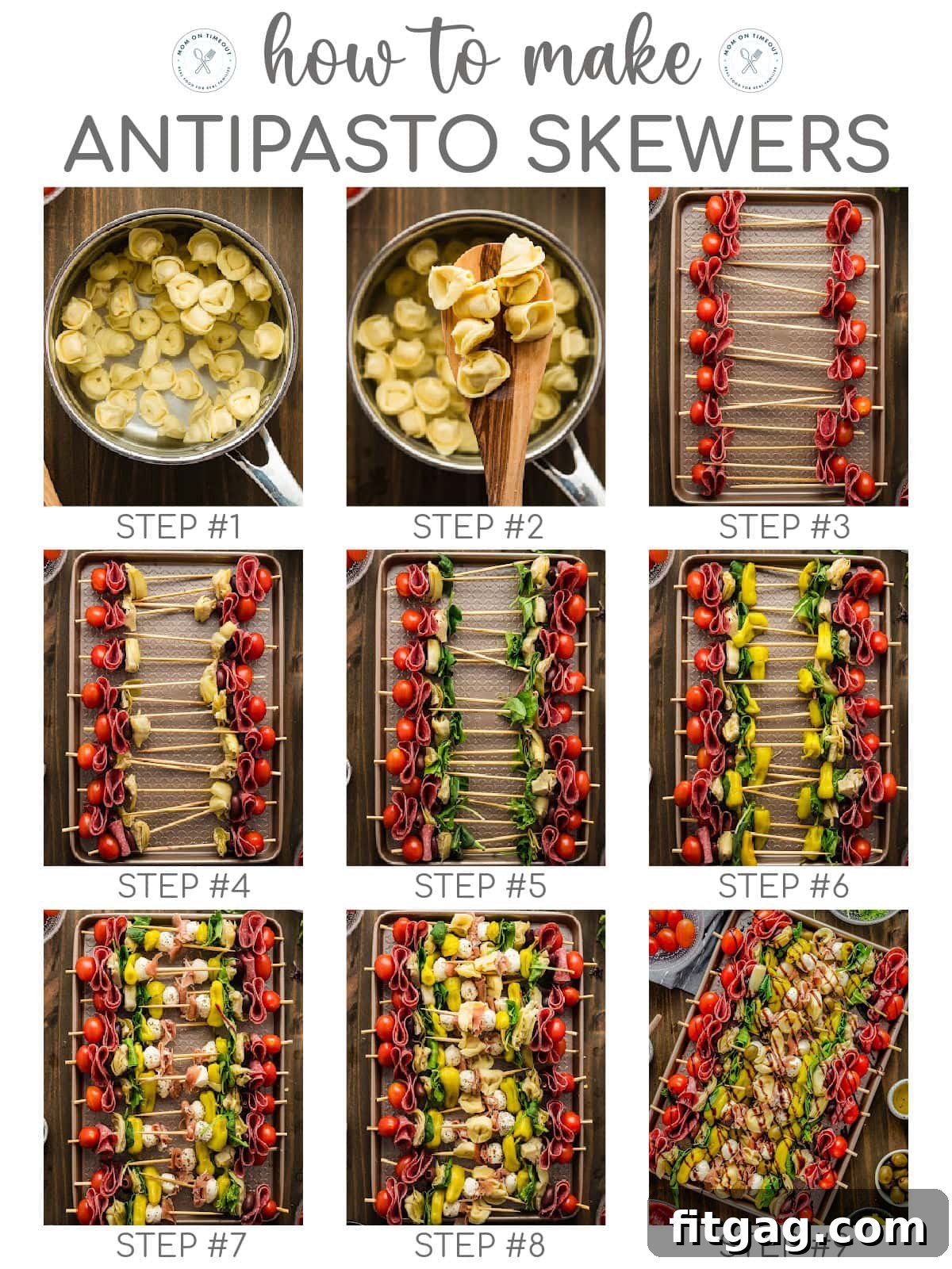 Nine-image collage demonstrating the step-by-step process of assembling antipasto skewers, showing each ingredient being added.