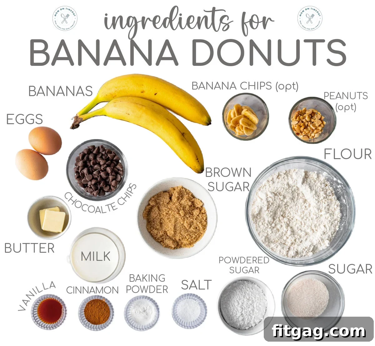 Banana Bliss Donuts 4 Top down view of all the ingredients for banana donuts measured out and ready to be used.