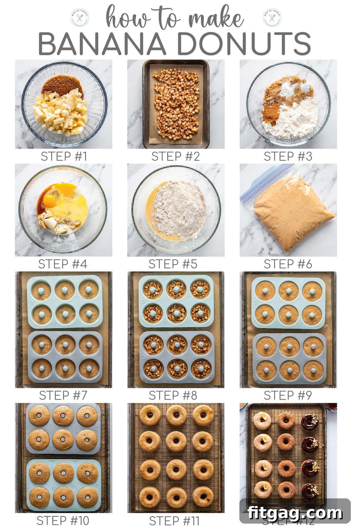 Banana Bliss Donuts 5 A 12 photo collage that shows photos of the steps for making banana donuts.