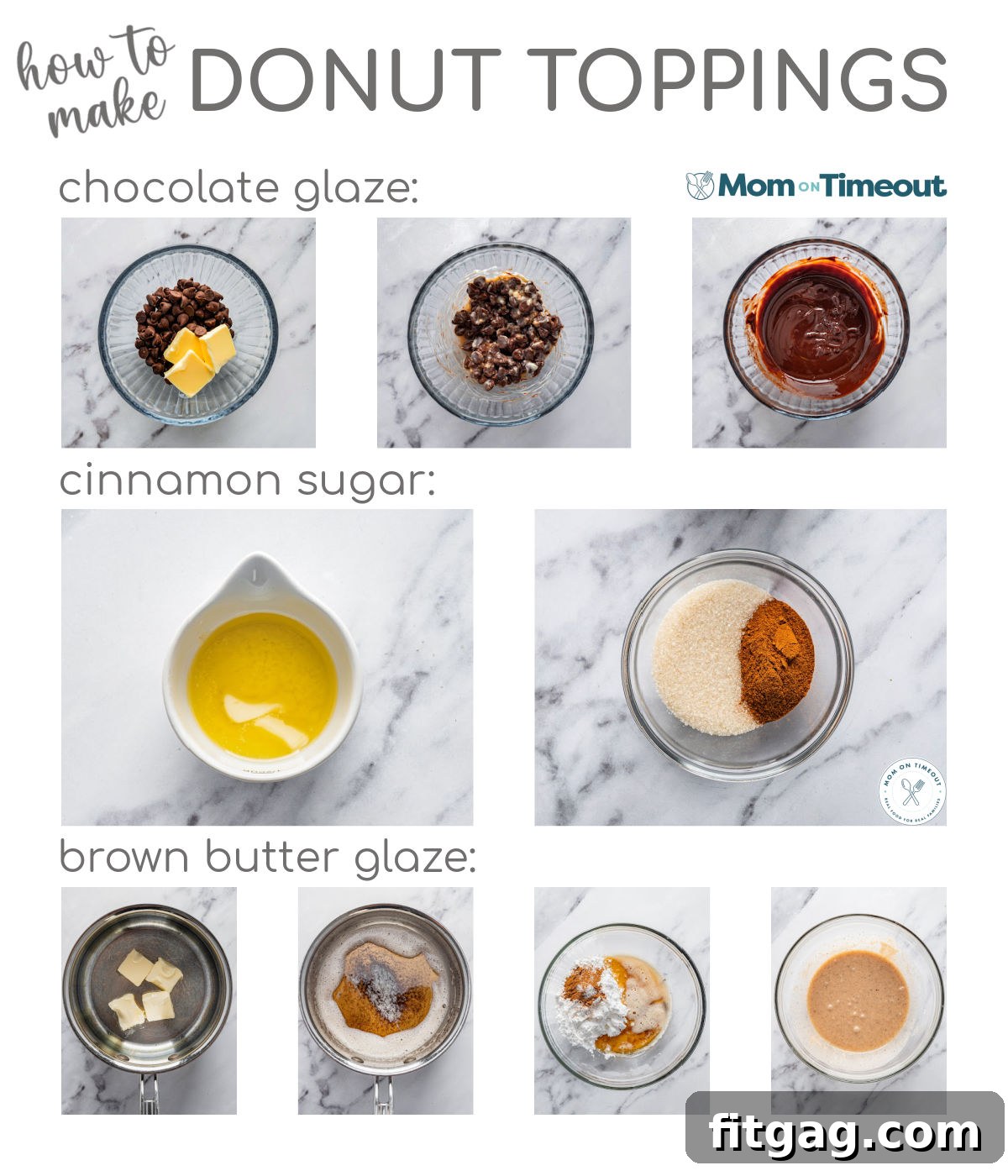 Banana Bliss Donuts 6 A collage image that shows photos of the steps for making the donut toppings.