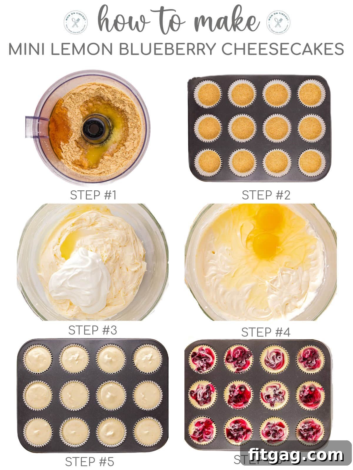 A 6 image collage that shows photos of the steps for making the cheesecakes.