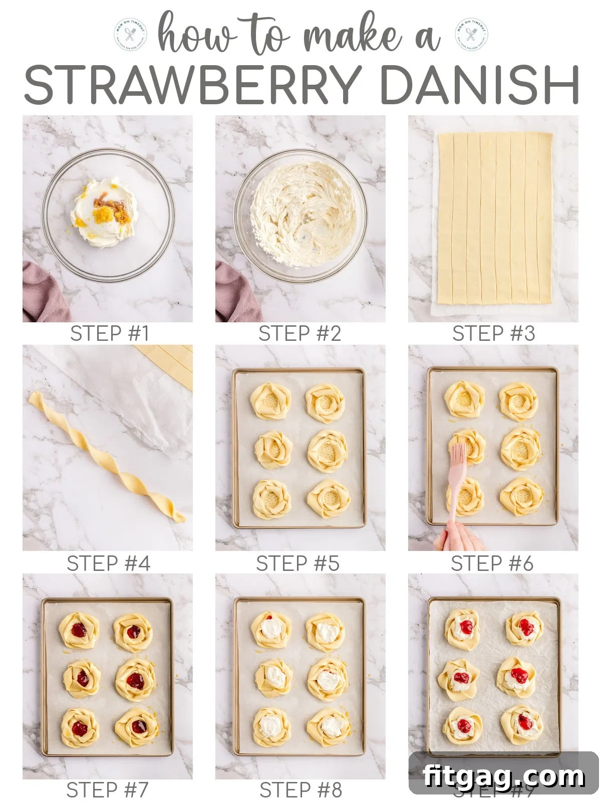 Strawberry Danish Delight 5 A nine-image collage demonstrating the step-by-step process of making a strawberry danish, from twisting the pastry to adding the filling and baking.