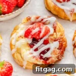Strawberry Danish Delight 10 Close up of Strawberry danish with cream cheese topped with a glaze and fresh strawberries.
