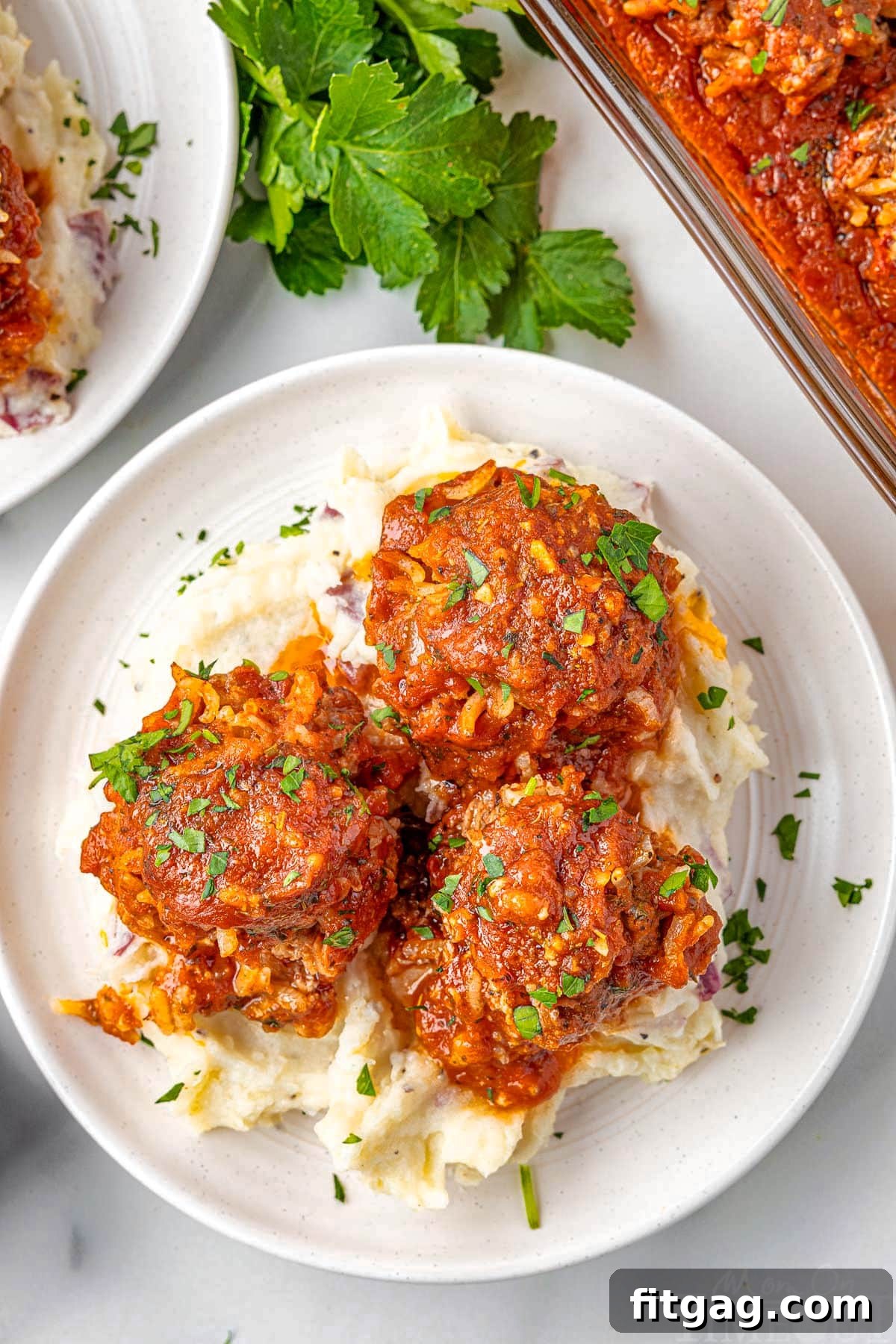 Rice Quilled Meatballs 2 Three porcupine meatballs on a round white plate topped with parsley.