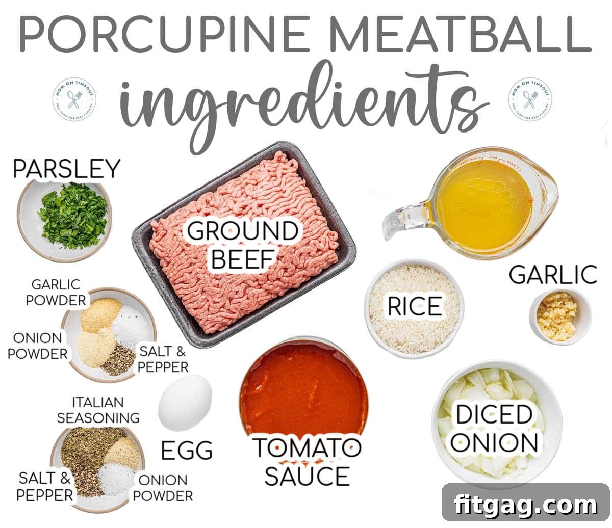 Rice Quilled Meatballs 5 Image with all of the ingredients for porcupine meatballs measured out into small bowls and ready to be used in the recipe.