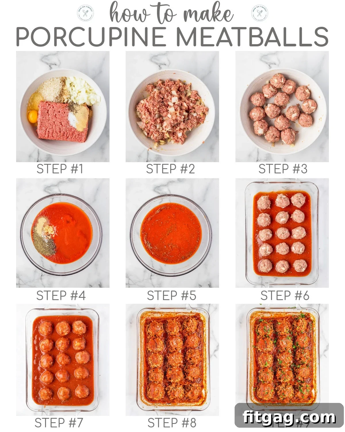 Rice Quilled Meatballs 6 A 9 image collage that shows photos for each of the steps of the porcupine meatballs recipe.