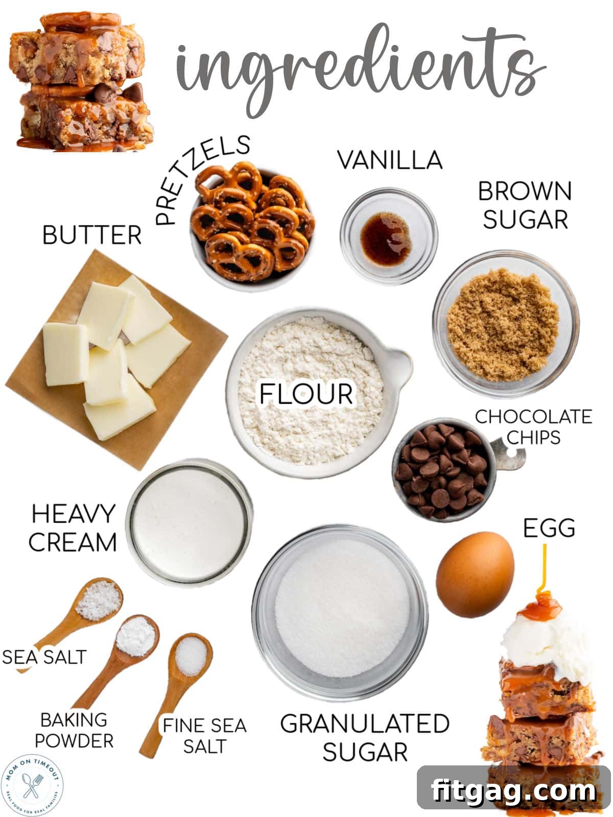Top down view of salted caramel blondies ingredients measured out into small bowls and ready to be used. Text overlay.