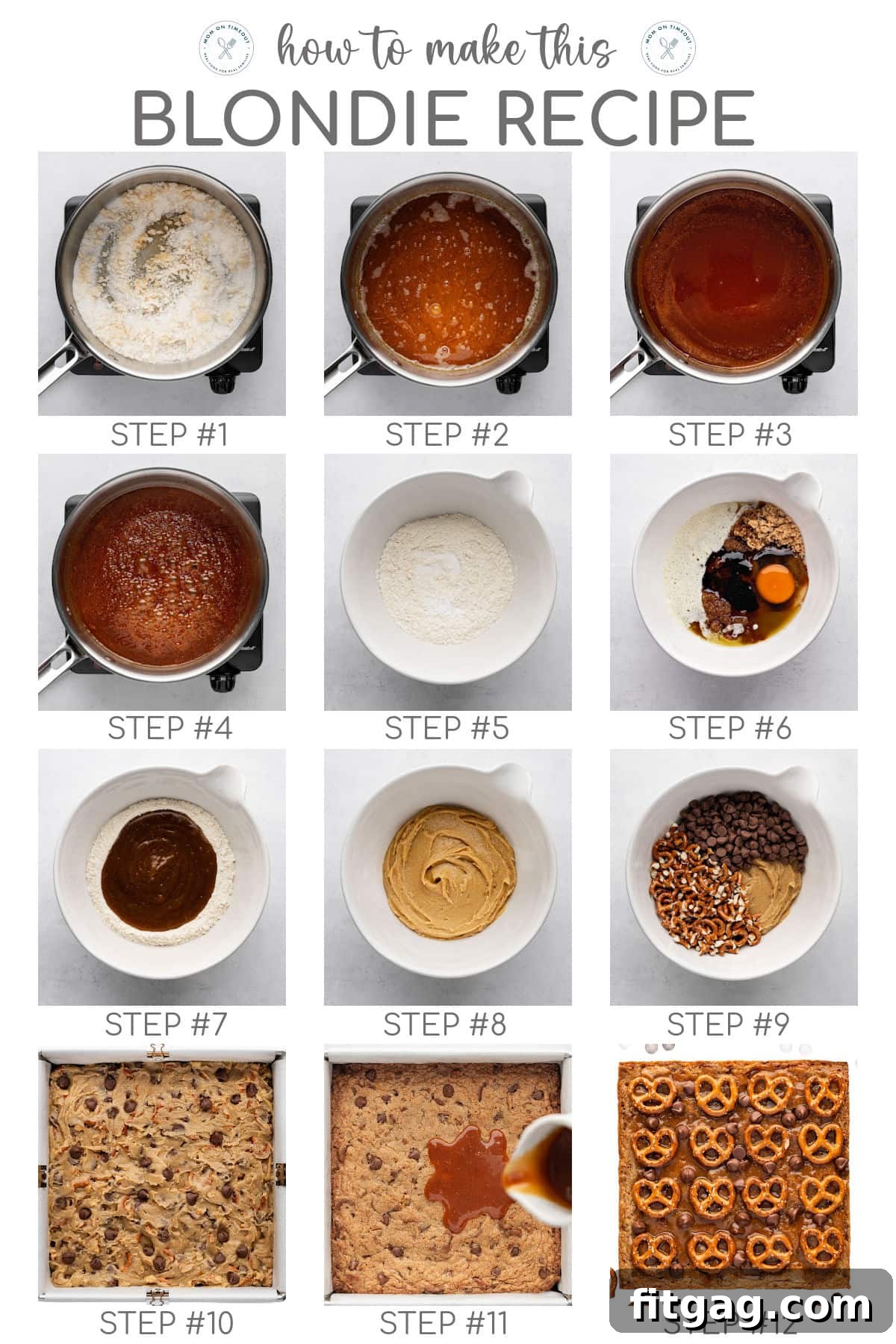 A 12 image collage that shows a different photo for each step of the blondie recipe.