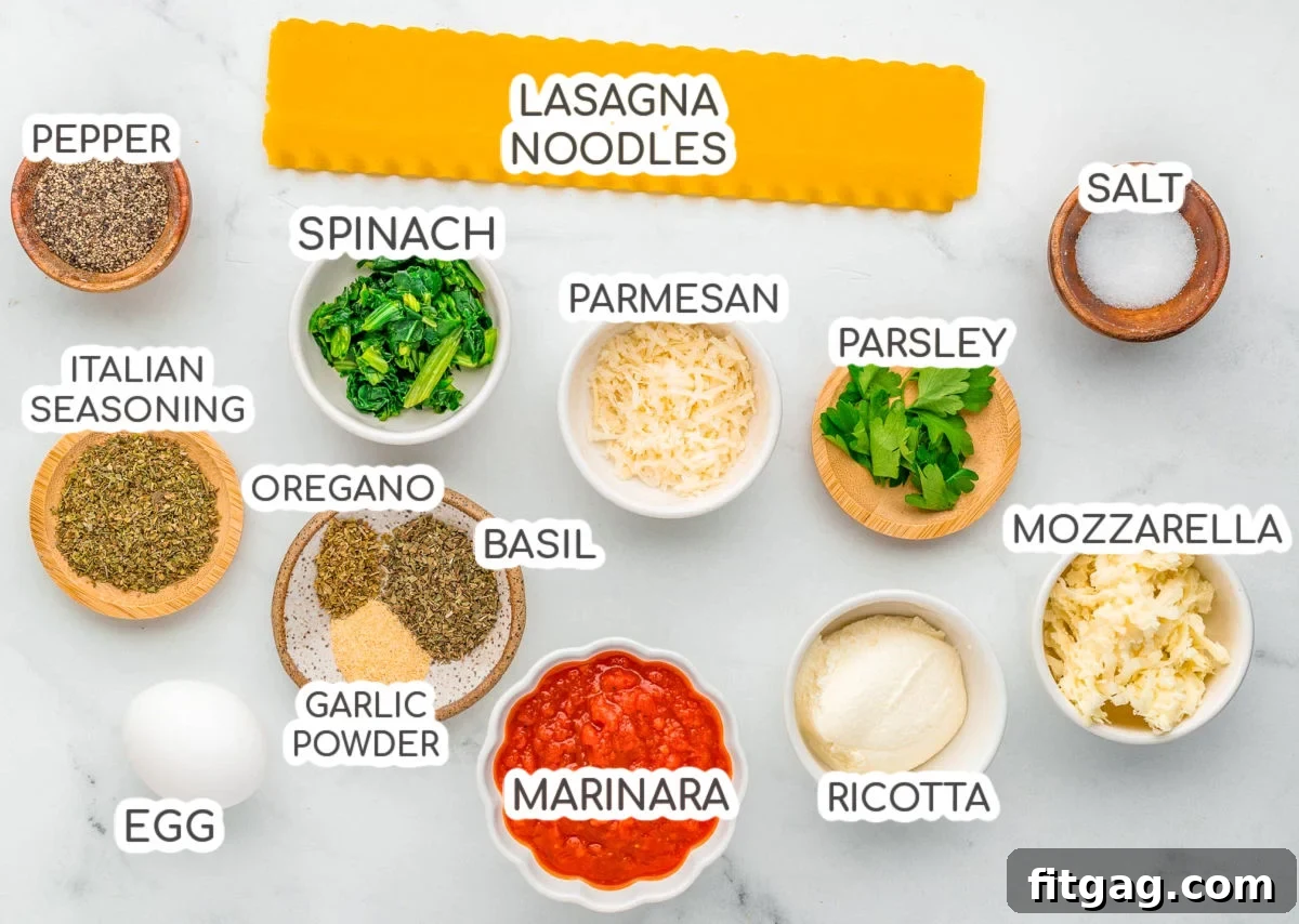 Lasagna Pinwheels 5 Top down shot of ingredients for lasagna roll up recipe. Ingredients are all labeled.