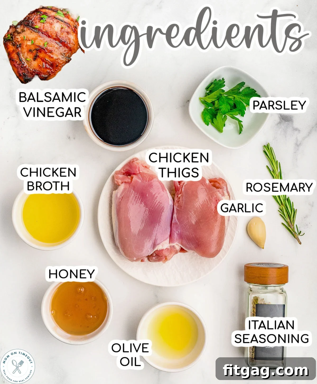 Overhead shot of balsamic chicken marinade ingredients measured out and ready to be used in recipe.