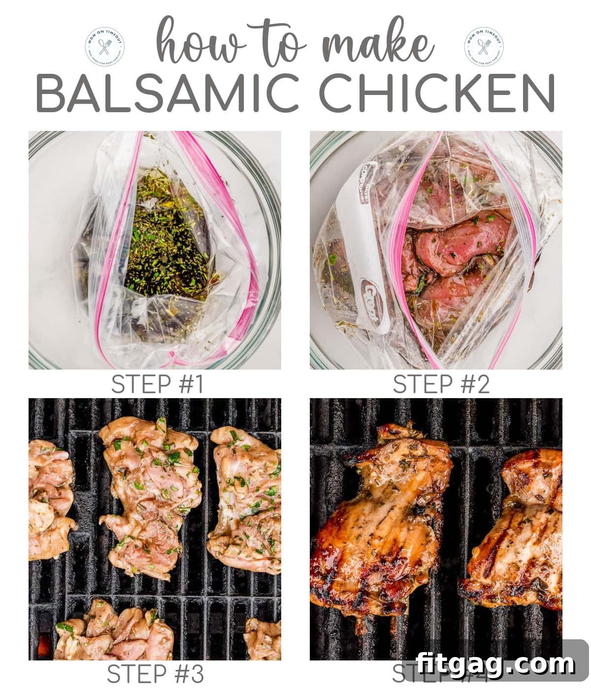 Four image collage showing how to make balsamic chicken with a balsamic chicken marinade.